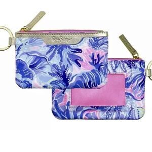 Lilly Pulitzer ID Case Keychain Beach Wallet with Zip Close Pink/Blue